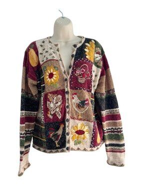 Vtg Tiara International Woman's Sz M Cardigan Sweater Rooster Farm Cottagecore
